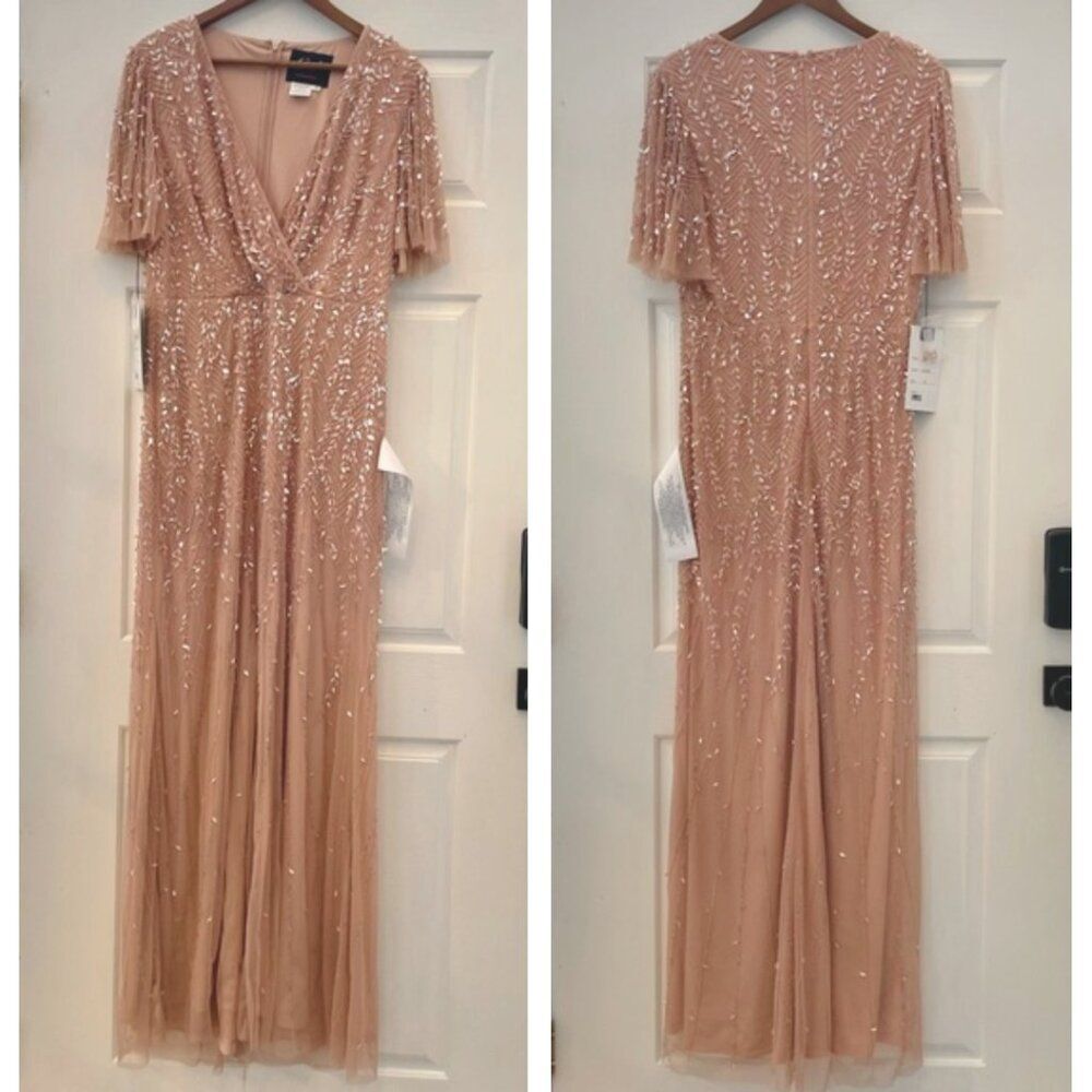 Mac Duggal Size 12 Nude Pink Embellished Flutter Sleeve Long Maxi Gown Dress - Picture 8 of 9